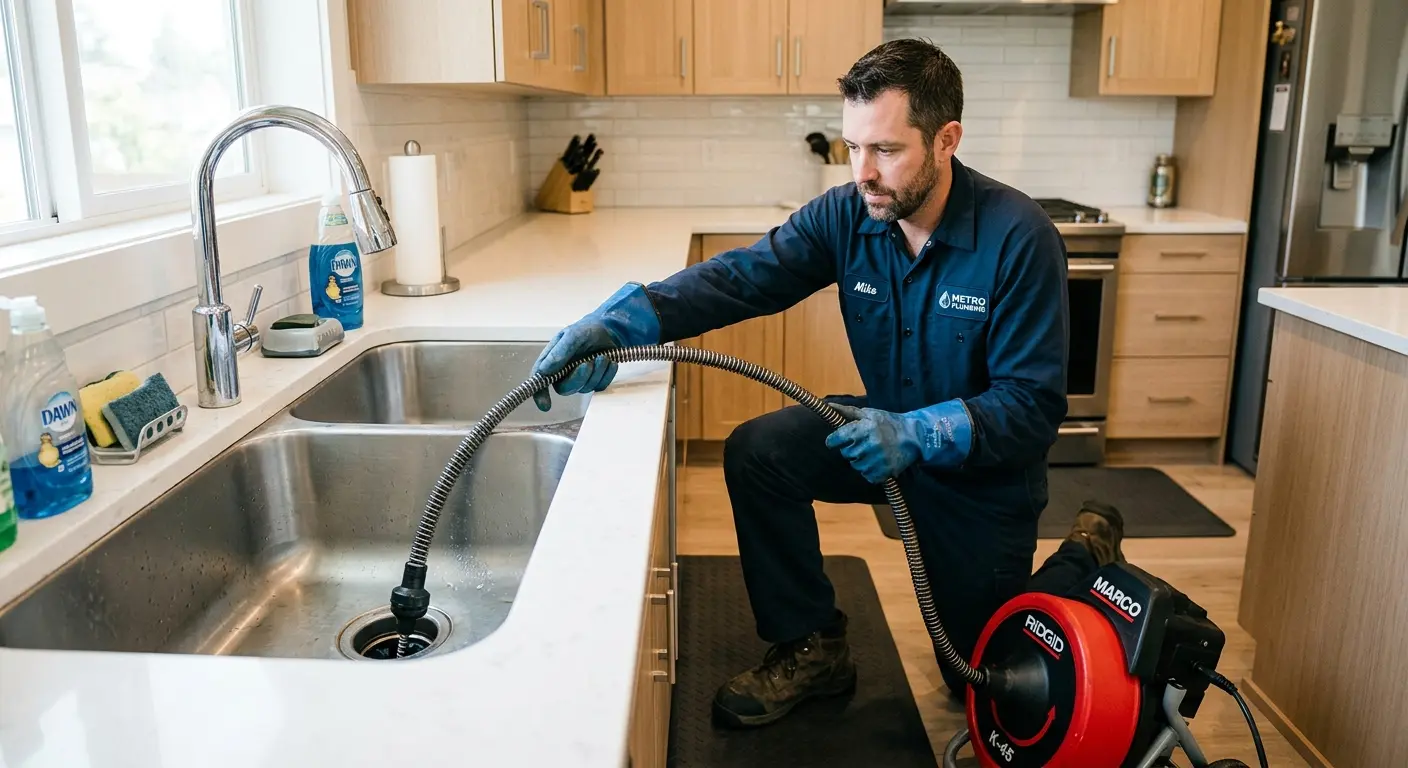 Drain cleaning technician using a motorized snake on a kitchen sink in North Brunswick