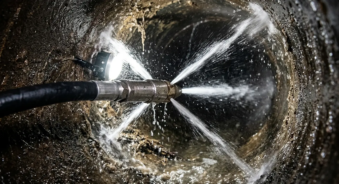 High-pressure hydro jetting nozzle cleaning sewer pipe for Trenchless Sewer Repair in North Brunswick