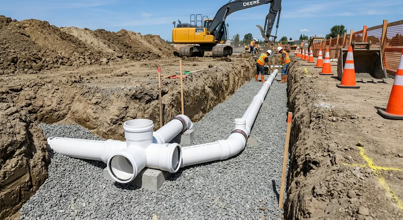 New PVC sewer pipe installation in open trench for Sewer Backup in North Brunswick