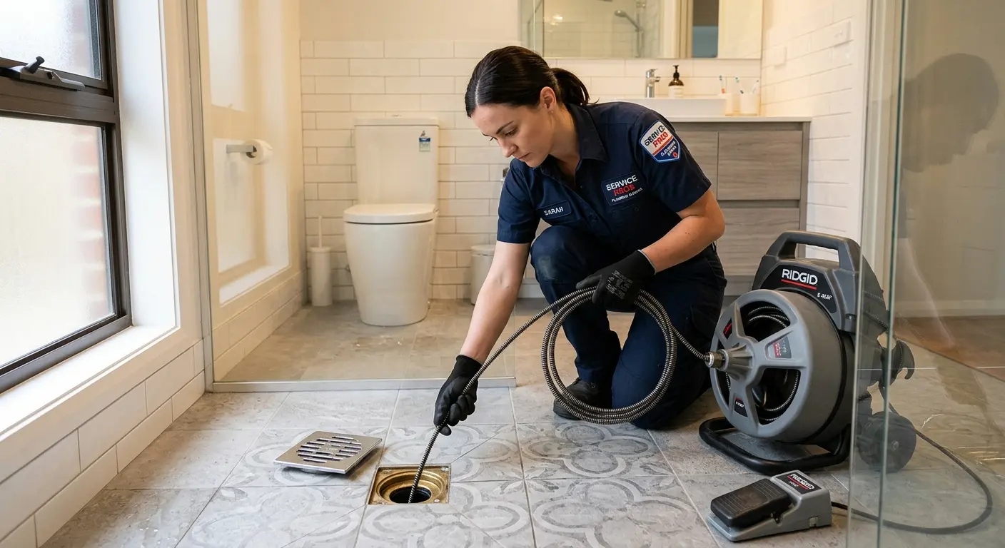 Technician clearing a bathroom floor drain for Sewer Line Replacement in North Brunswick